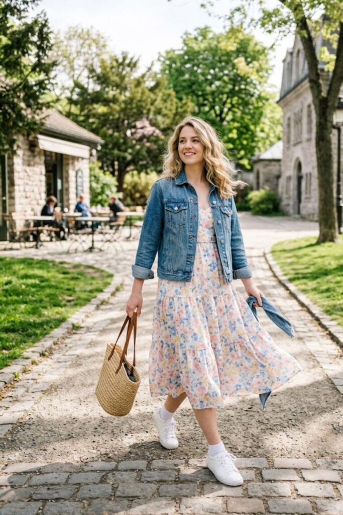 Denim Jacket with Floral Dress