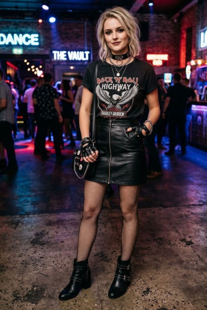 Graphic Tee with Leather Skirt