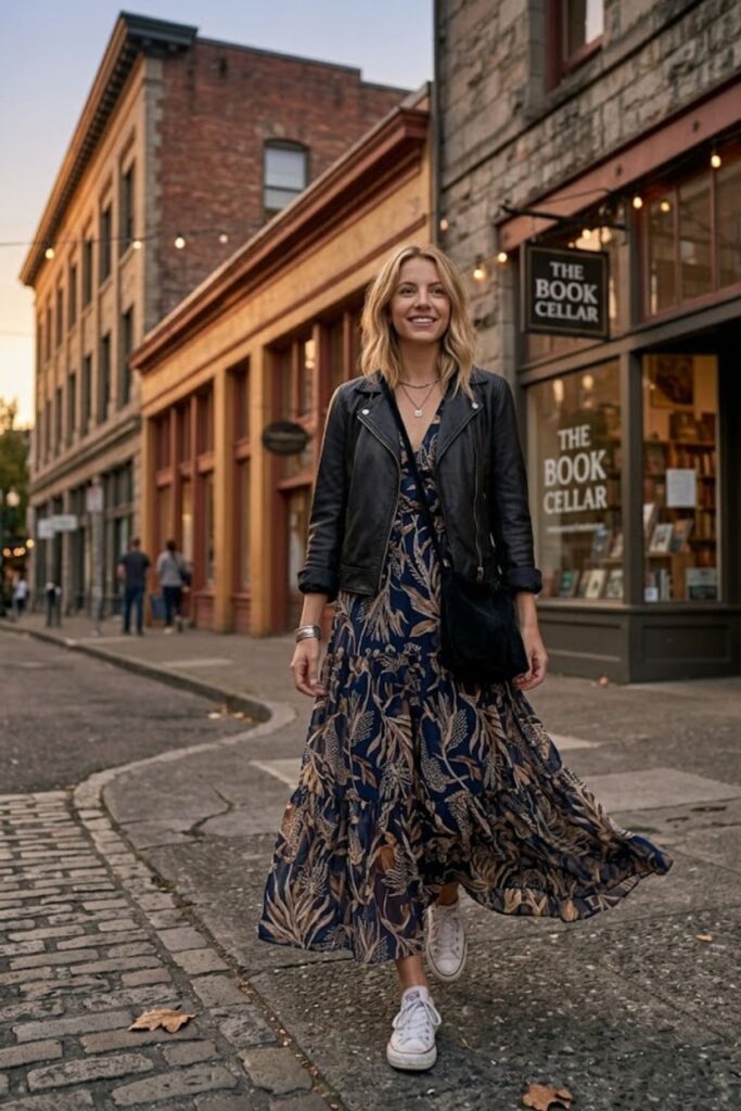Maxi Dress with a Leather Jacket