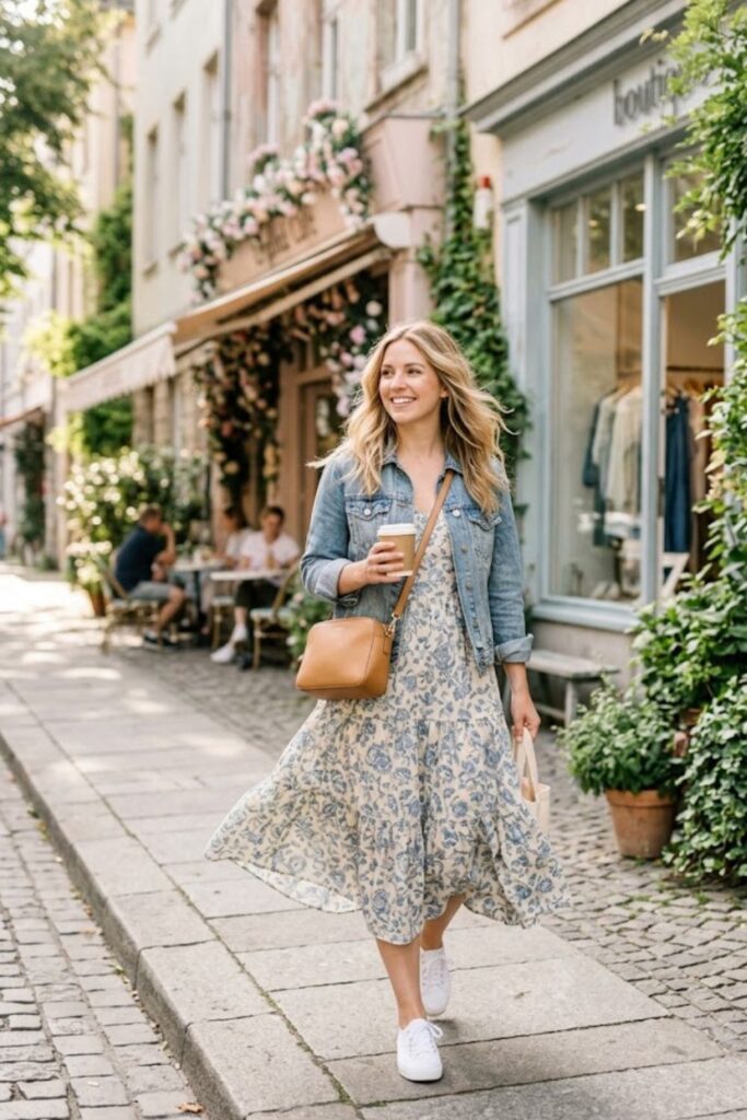 Midi Dress with Sneakers and a Denim Jacket