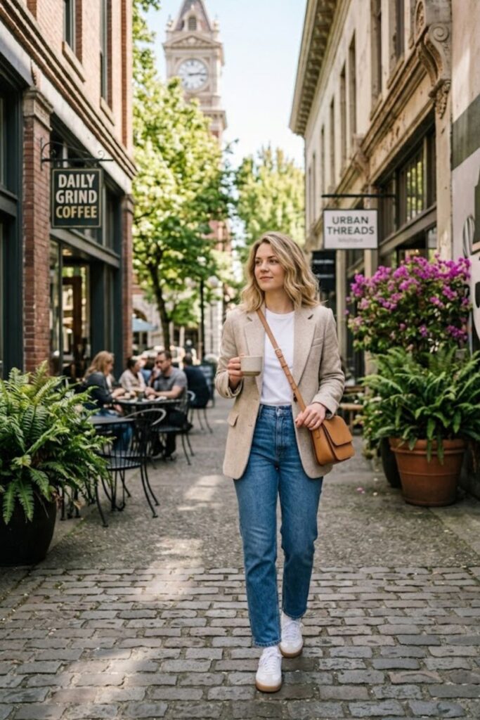 Neutral Blazer with Jeans and a Tee