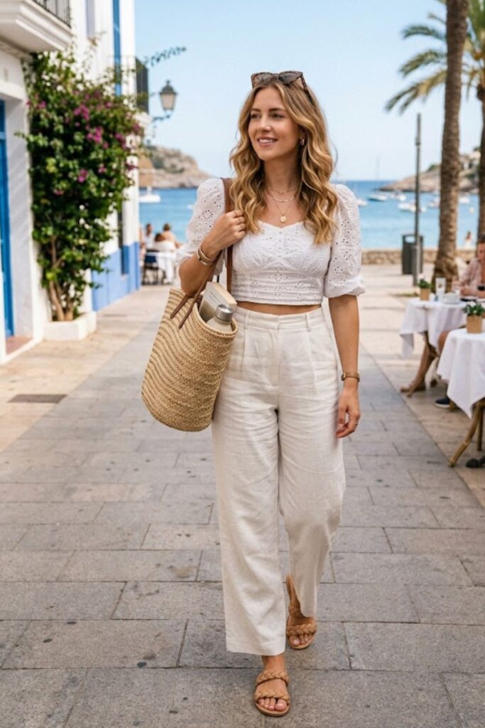 Off-White Linen Pants with Crop Blouse