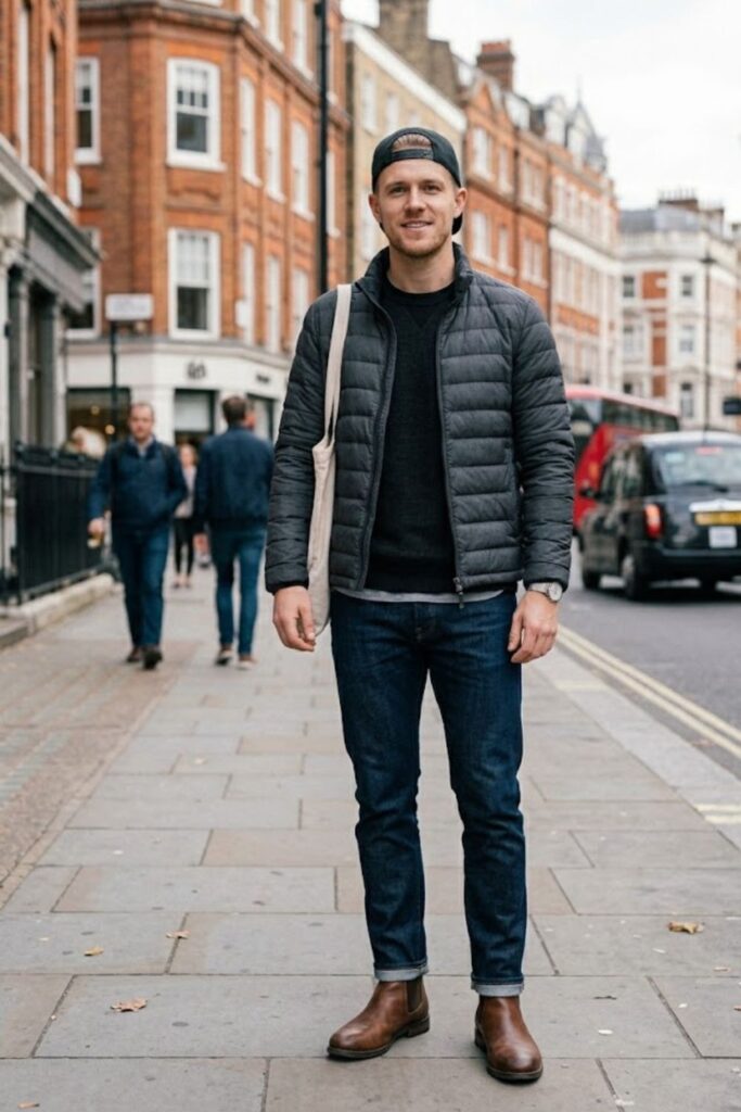 Puffer Jacket with Dark Denim