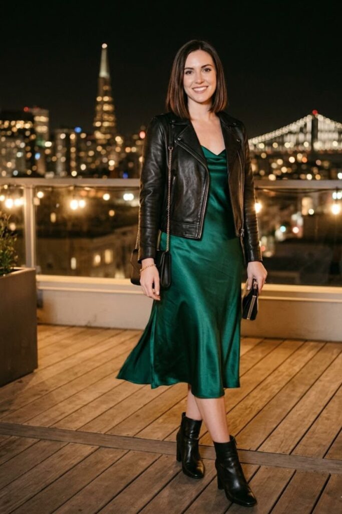 Satin Slip Dress with Leather Jacket