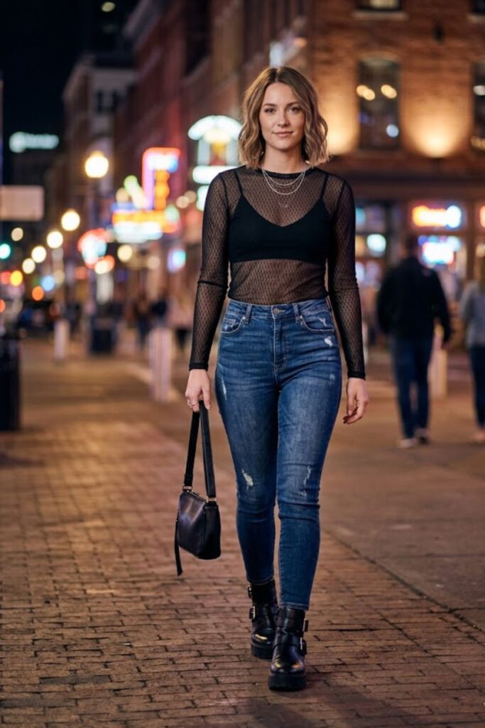 Sheer Top with Bralette and Jeans