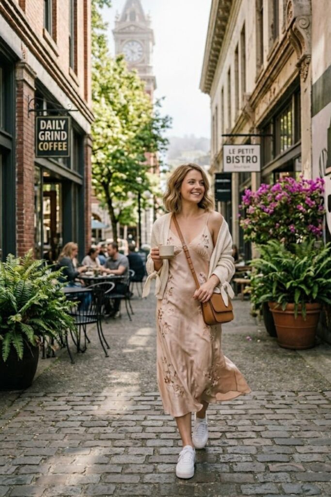  Slip Dress with Sneakers and Cardigan