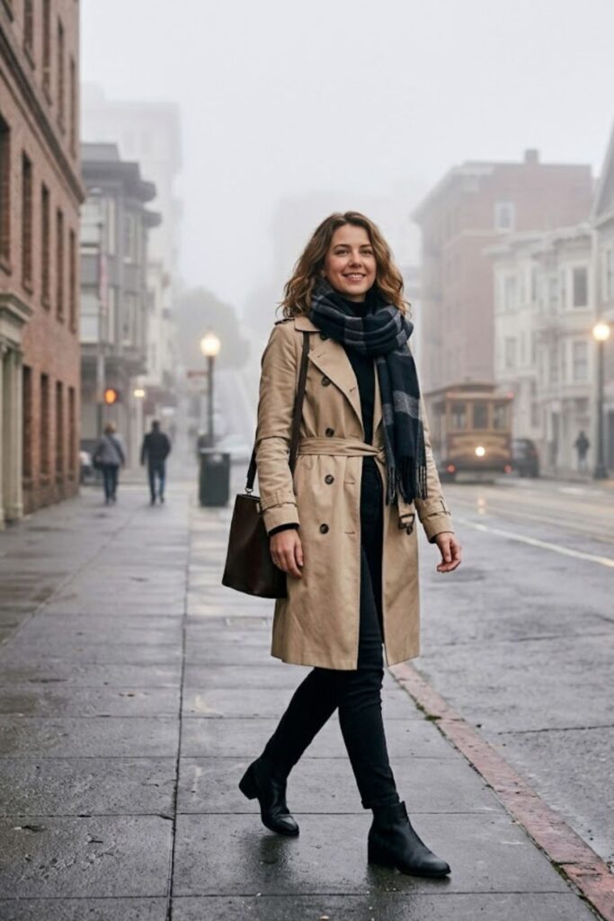  Trench Coat with Black Jeans and Boots