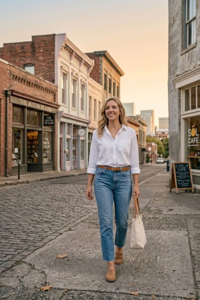  White Button-Down Shirt with Straight-Leg Jeans
