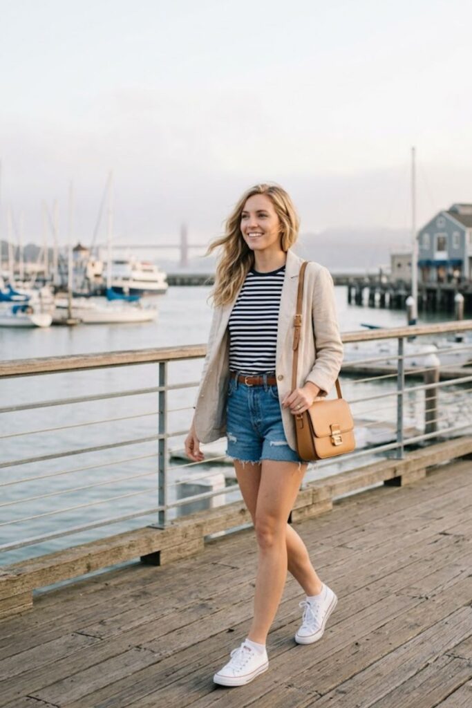  Striped Tee with Denim Shorts and a Light Jacket