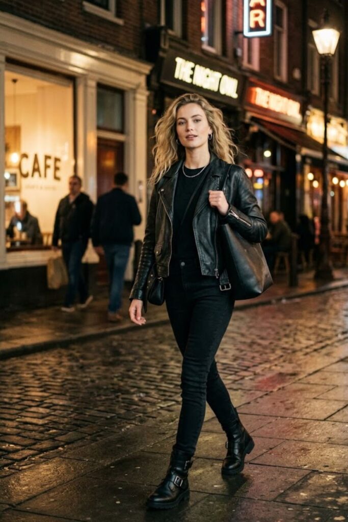 Black Tee with Leather Jacket