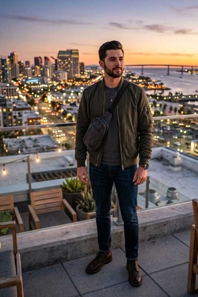 Bomber Jacket with T-Shirt and Jeans