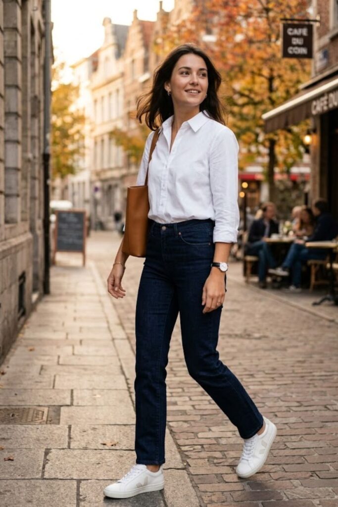  Button-Up Shirt with Dark Jeans
