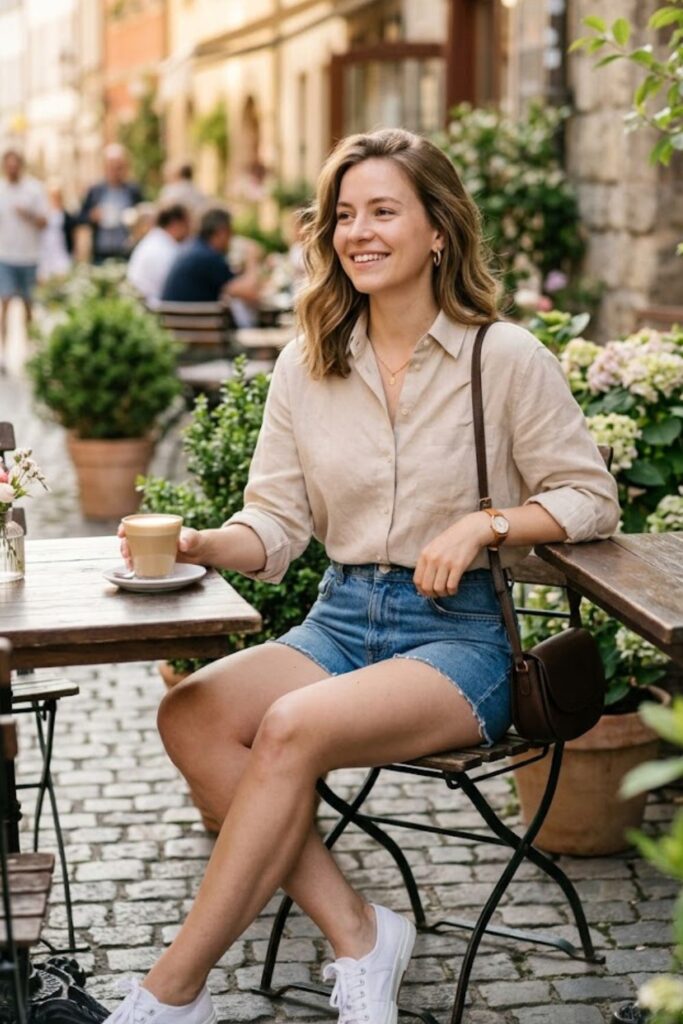 Button-Up Shirt with Denim Shorts