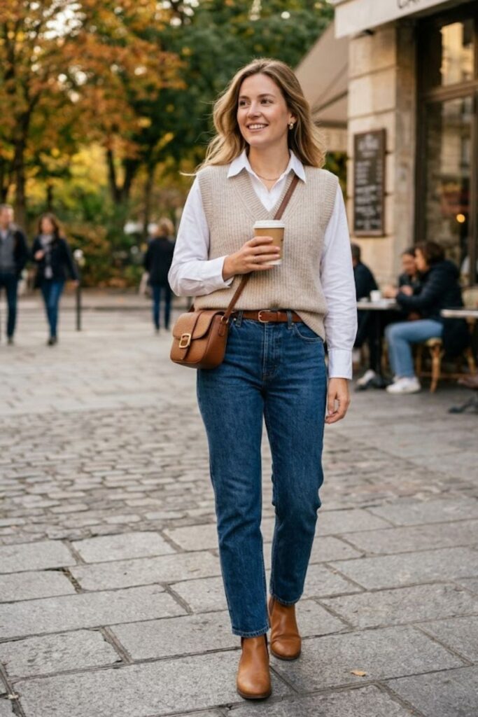 Button-Up Shirt with Knit Vest and Jeans