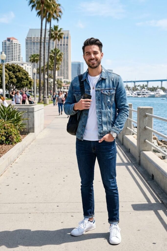 Denim Jacket with White Tee and Jeans