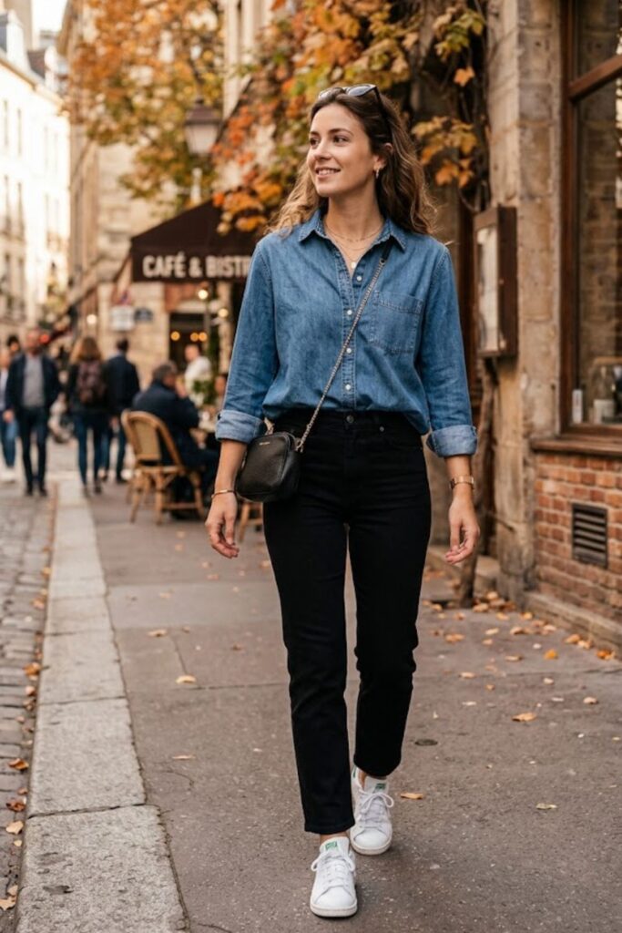 Denim Shirt with Black Jeans