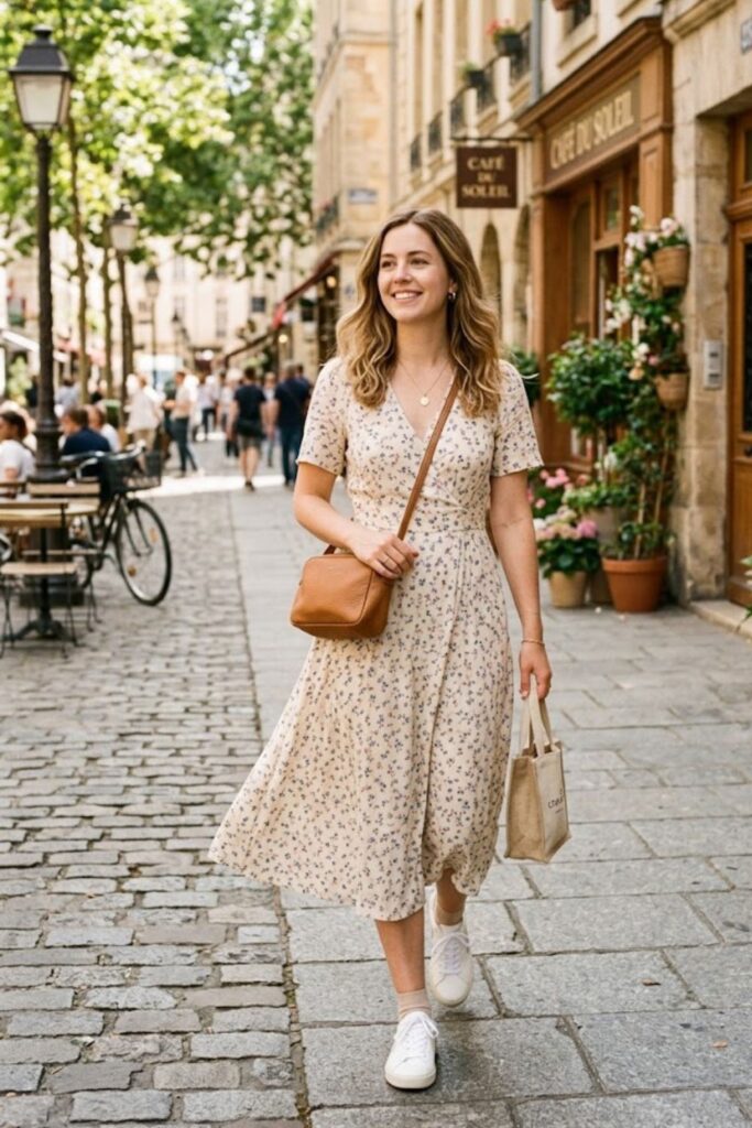 Flowy Midi Dress with Sneakers