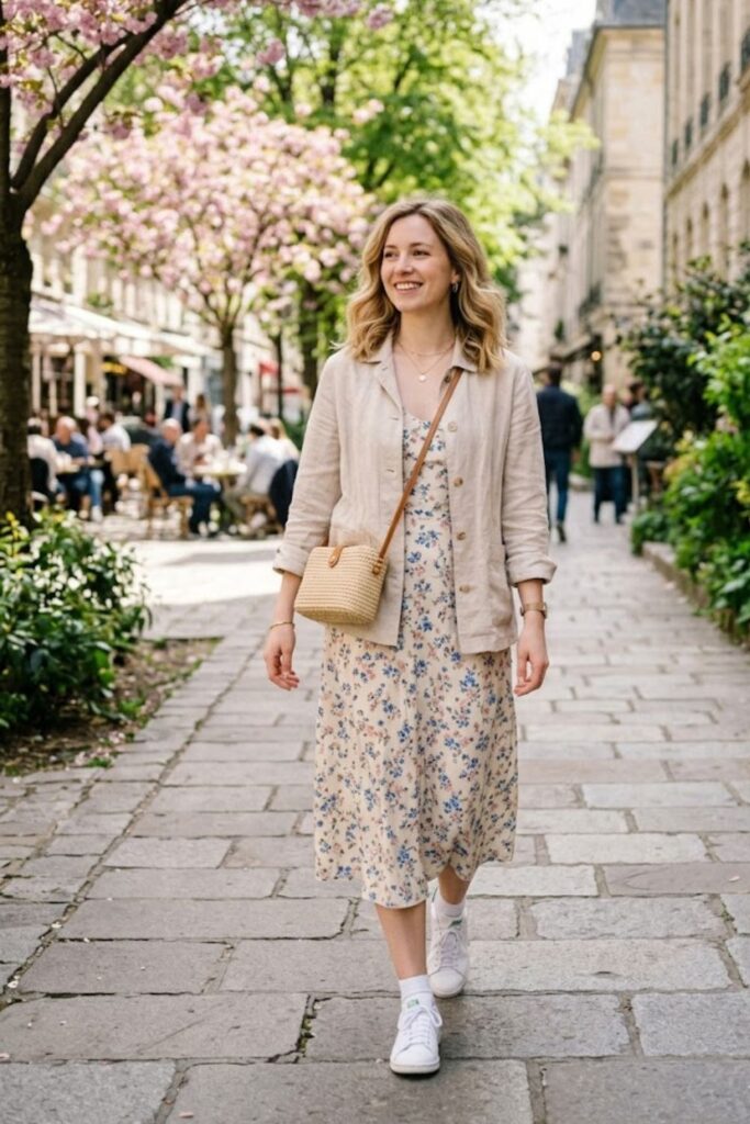 Flowy Midi Dress with Sneakers