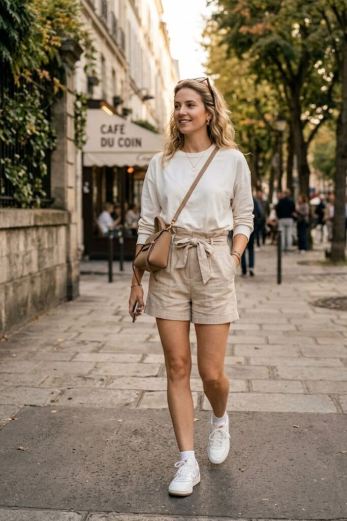  Long Sleeve Tee with Paperbag Shorts