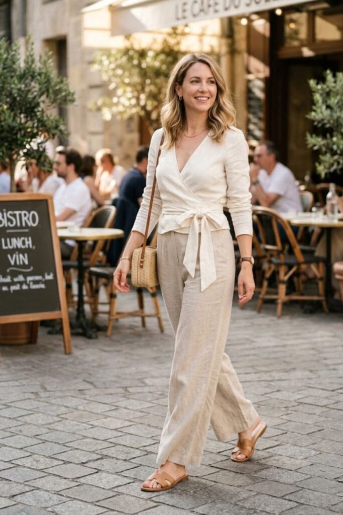 Long Sleeve Wrap Top with Wide Pants