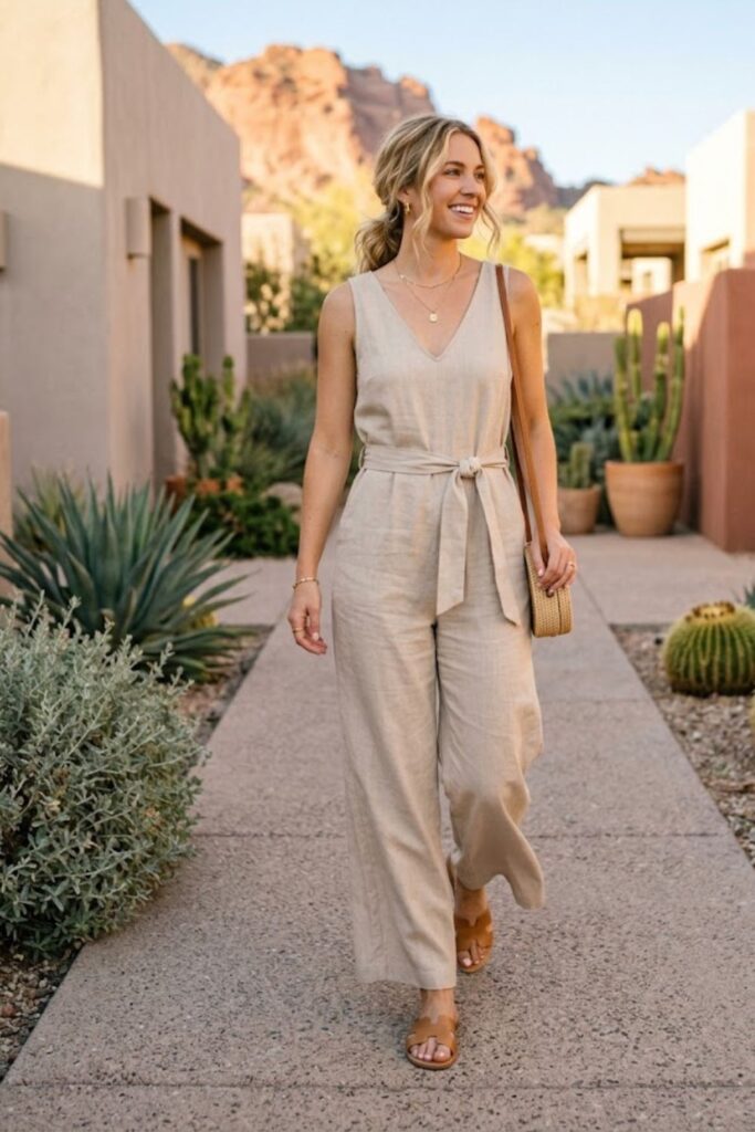 Neutral Jumpsuit with Minimal Sandals