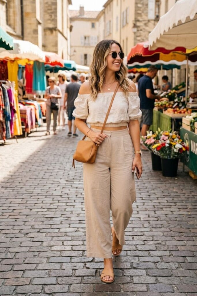 Off-Shoulder Top with Wide-Leg Pants