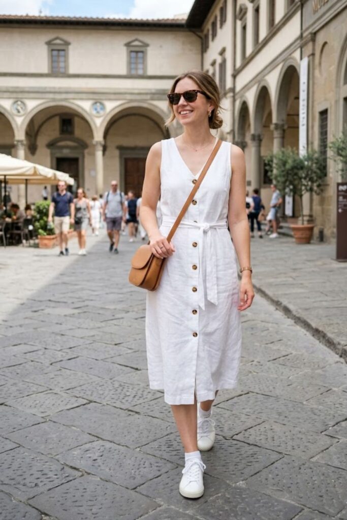 Sleeveless Button Dress with Sneakers