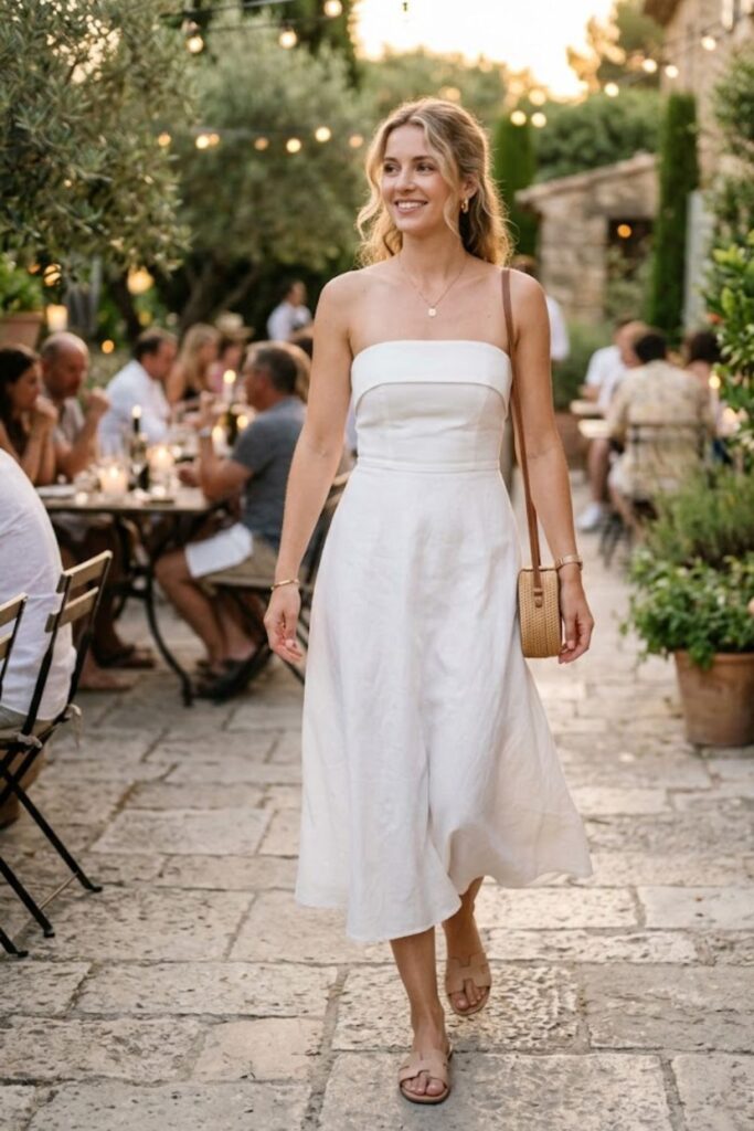  Strapless Midi Dress with Sandals