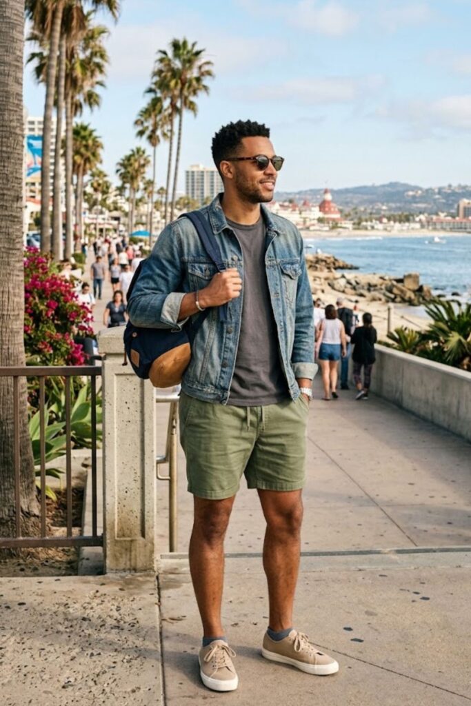 T-Shirt with Denim Jacket and Shorts