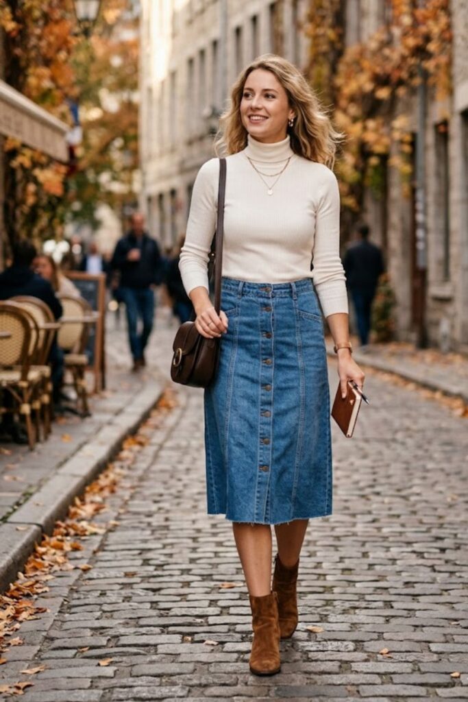 Turtleneck Top with Denim Skirt