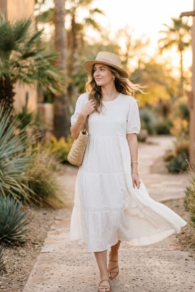 White Midi Dress with Sandals